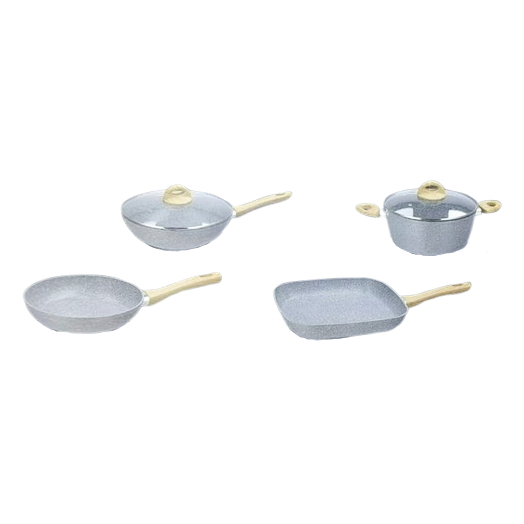 4-Piece Granite Stone Cookware Set – Non-Stick, Induction Compatible, Stylish Wooden Handles