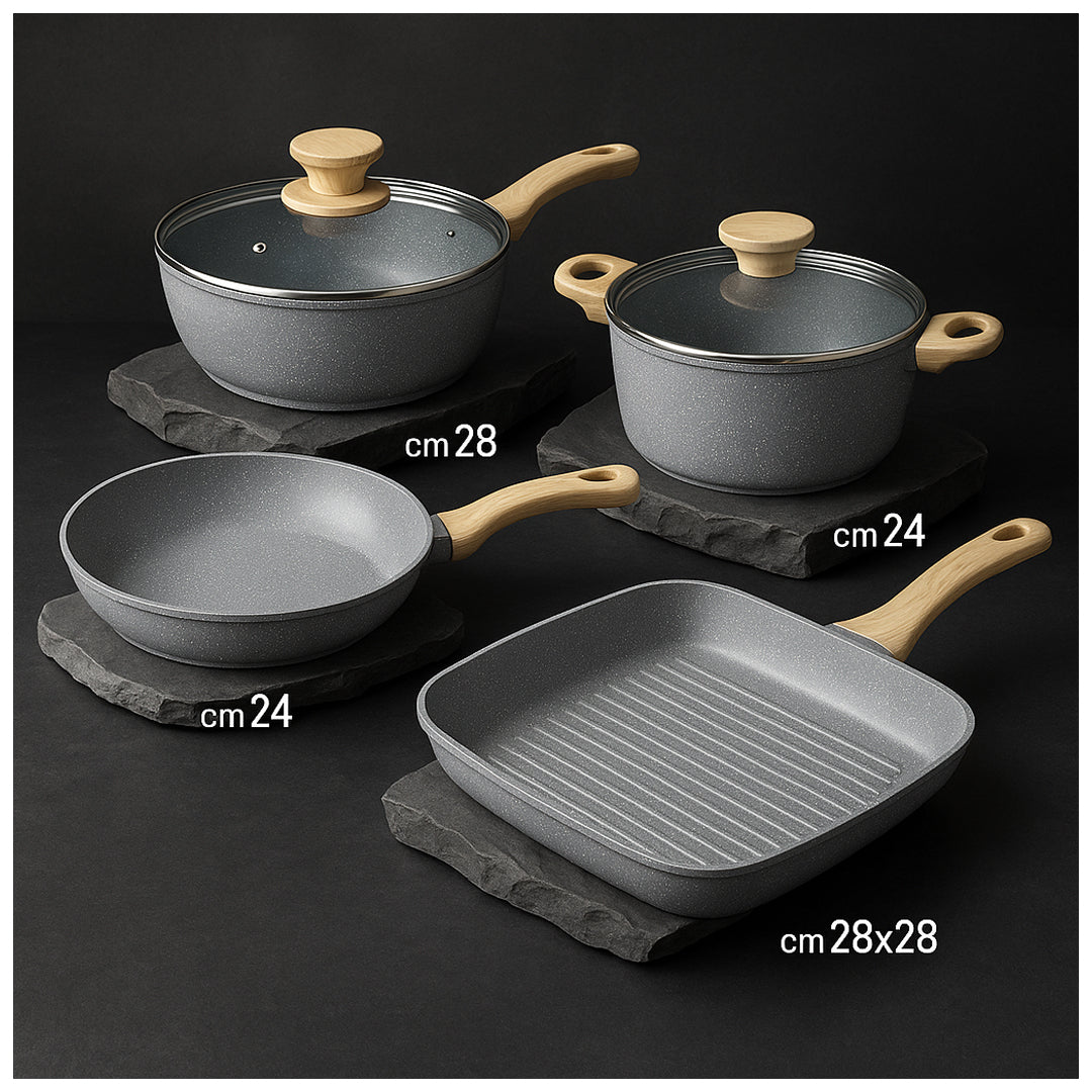 4-Piece Granite Stone Cookware Set – Non-Stick, Induction Compatible, Stylish Wooden Handles
