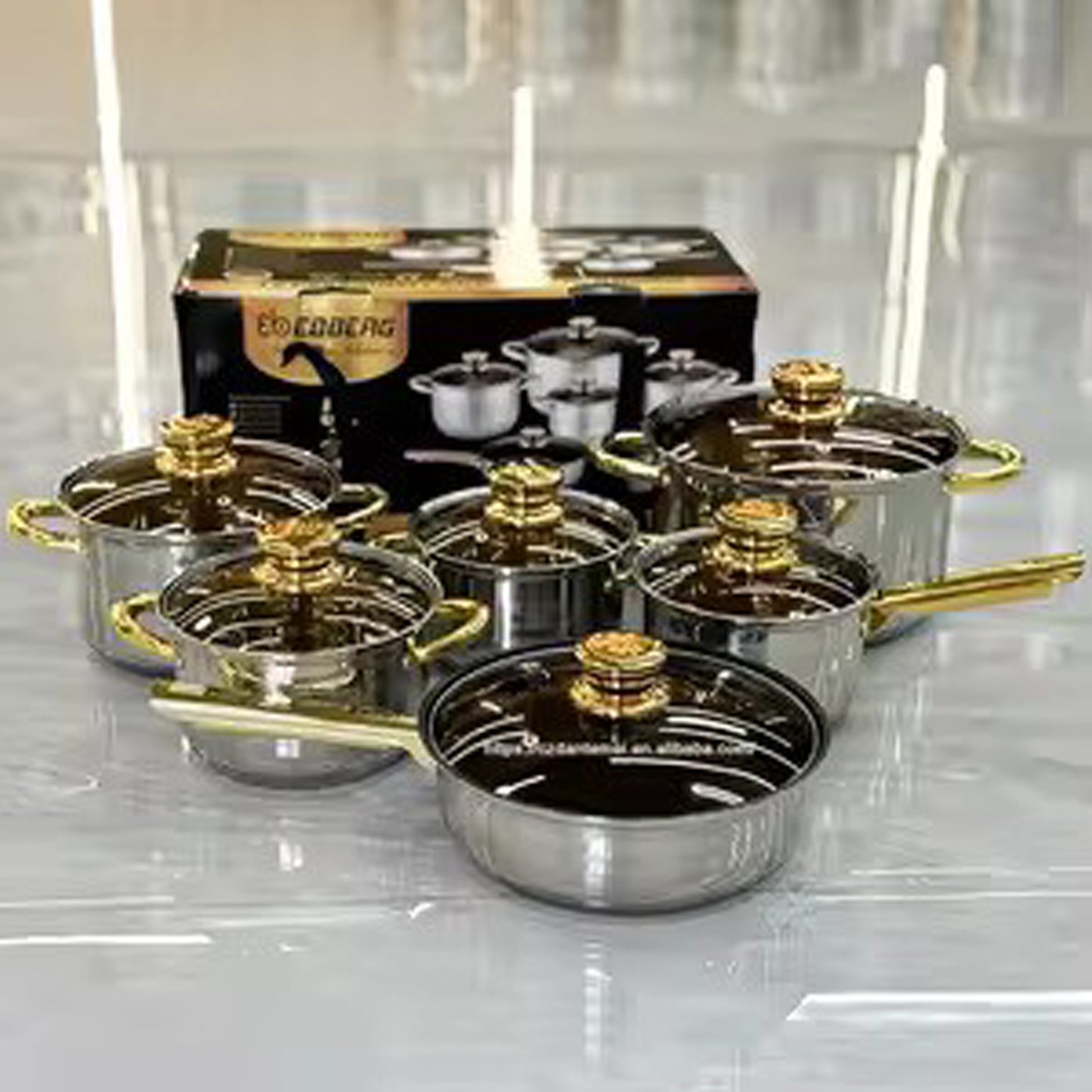 Luxury Stainless Steel Cookware Set with Gold Handles – 12-Piece Non-Stick Pots & Pans
