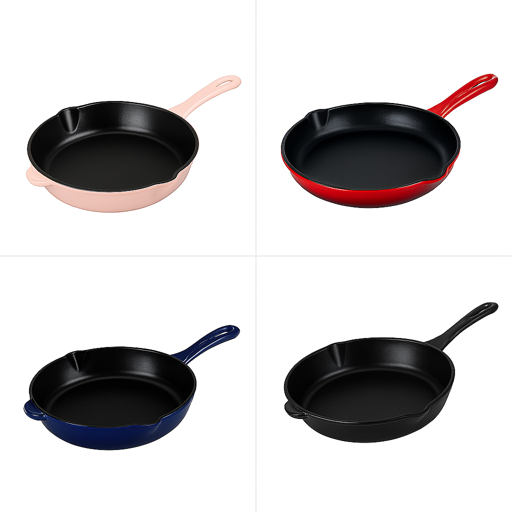 Premium Enamel Coated Cast Iron Skillet – Non-Stick Frying Pan with Dual Pour Spouts – Red, Pink, Navy Blue & Black