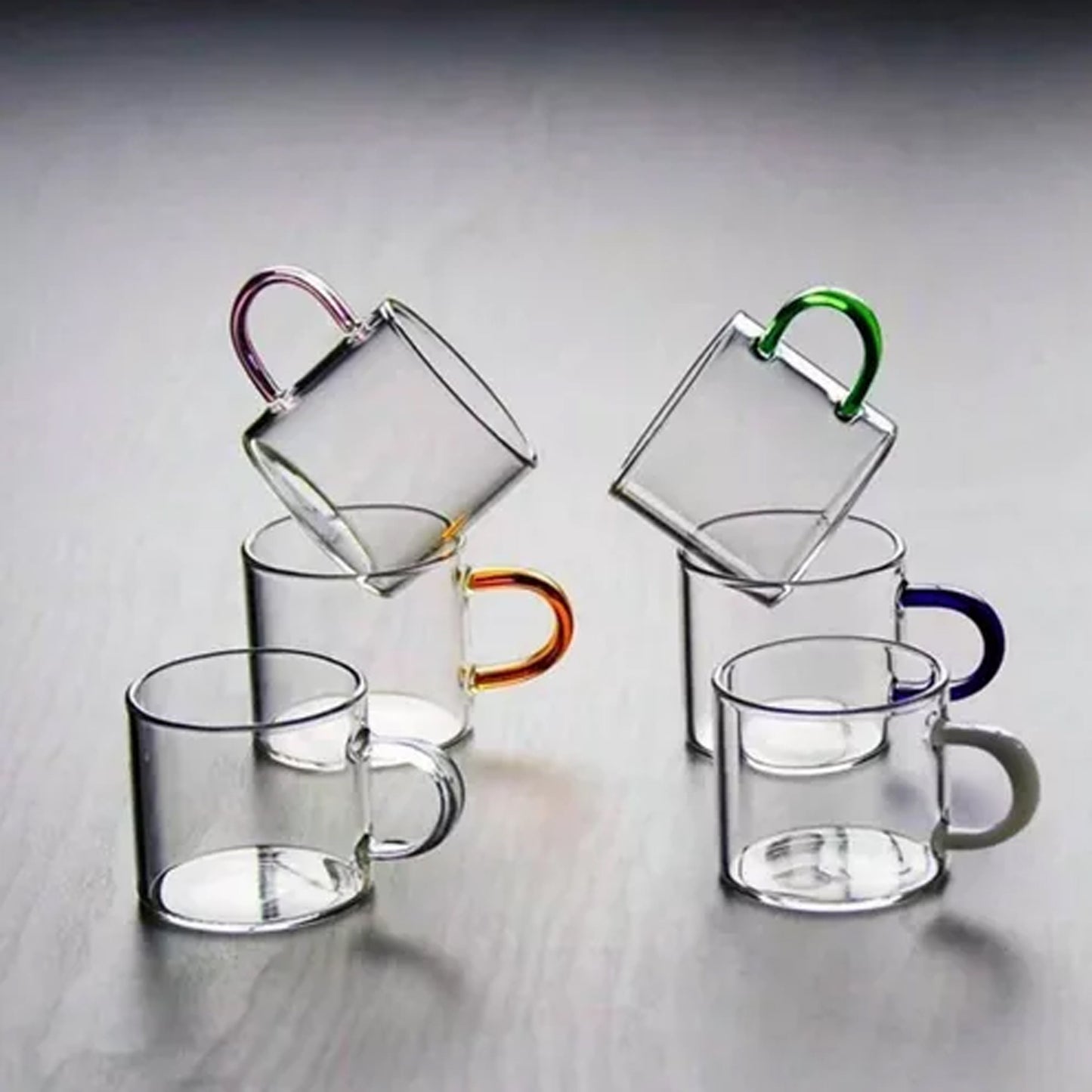 Modern Clear Glass Coffee Mugs – Set of 6 | Stylish Transparent Tea Cups with Colored Handles | Heat-Resistant Borosilicate Glass Drinkware