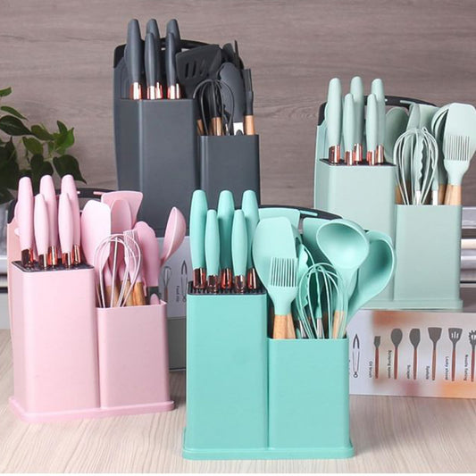 19 Pcs Silicone Cooking Utensils Set with Wooden Handles | Heat-Resistant & Non-Stick Kitchen Tools | Includes Spatulas, Spoons, Whisks & More | Perfect for Cooking & Baking