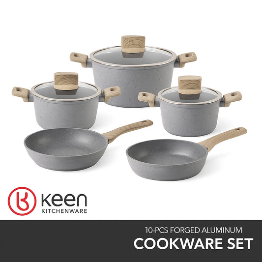 Keen Kitchenware 10-Piece Forged Aluminum Cookware Set with Wood-Style Handles