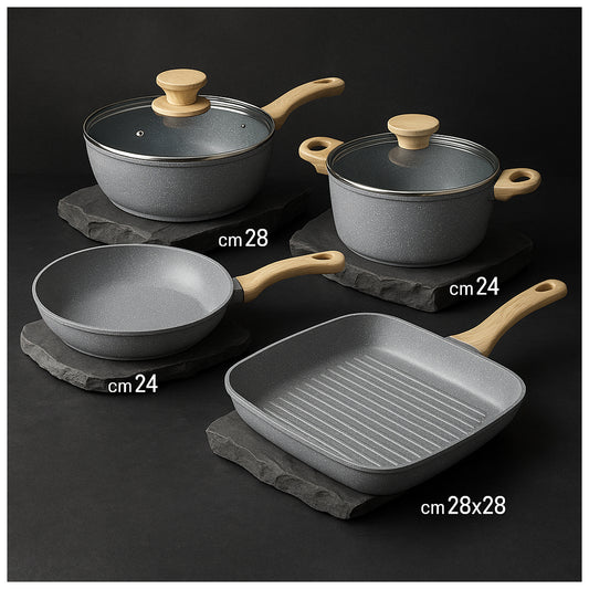 4-Piece Granite Stone Cookware Set – Non-Stick, Induction Compatible, Stylish Wooden Handles