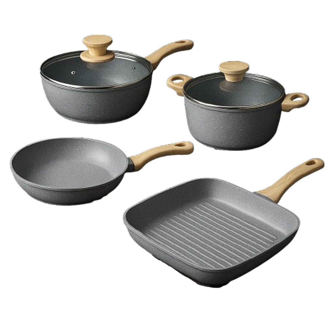 4-Piece Granite Stone Cookware Set – Non-Stick, Induction Compatible, Stylish Wooden Handles