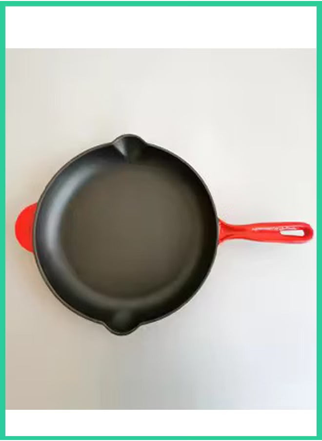 Premium Enamel Coated Cast Iron Skillet – Non-Stick Frying Pan with Dual Pour Spouts – Dark Blue, Pink & Red