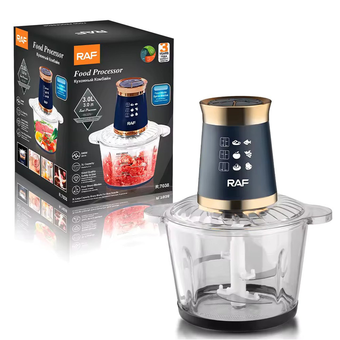 RAF 3L Electric Food Processor – 800W Powerful Meat & Vegetable Chopper with Glass Bowl