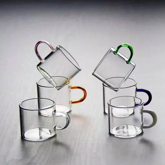 Modern Clear Glass Coffee Mugs – Set of 6 | Stylish Transparent Tea Cups with Colored Handles | Heat-Resistant Borosilicate Glass Drinkware