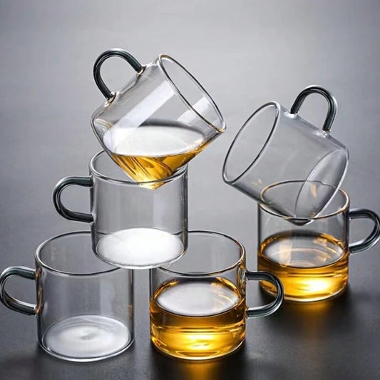 Modern Clear Glass Coffee Mugs – Set of 6 | Stylish Transparent Tea Cups with Colored Handles | Heat-Resistant Borosilicate Glass Drinkware