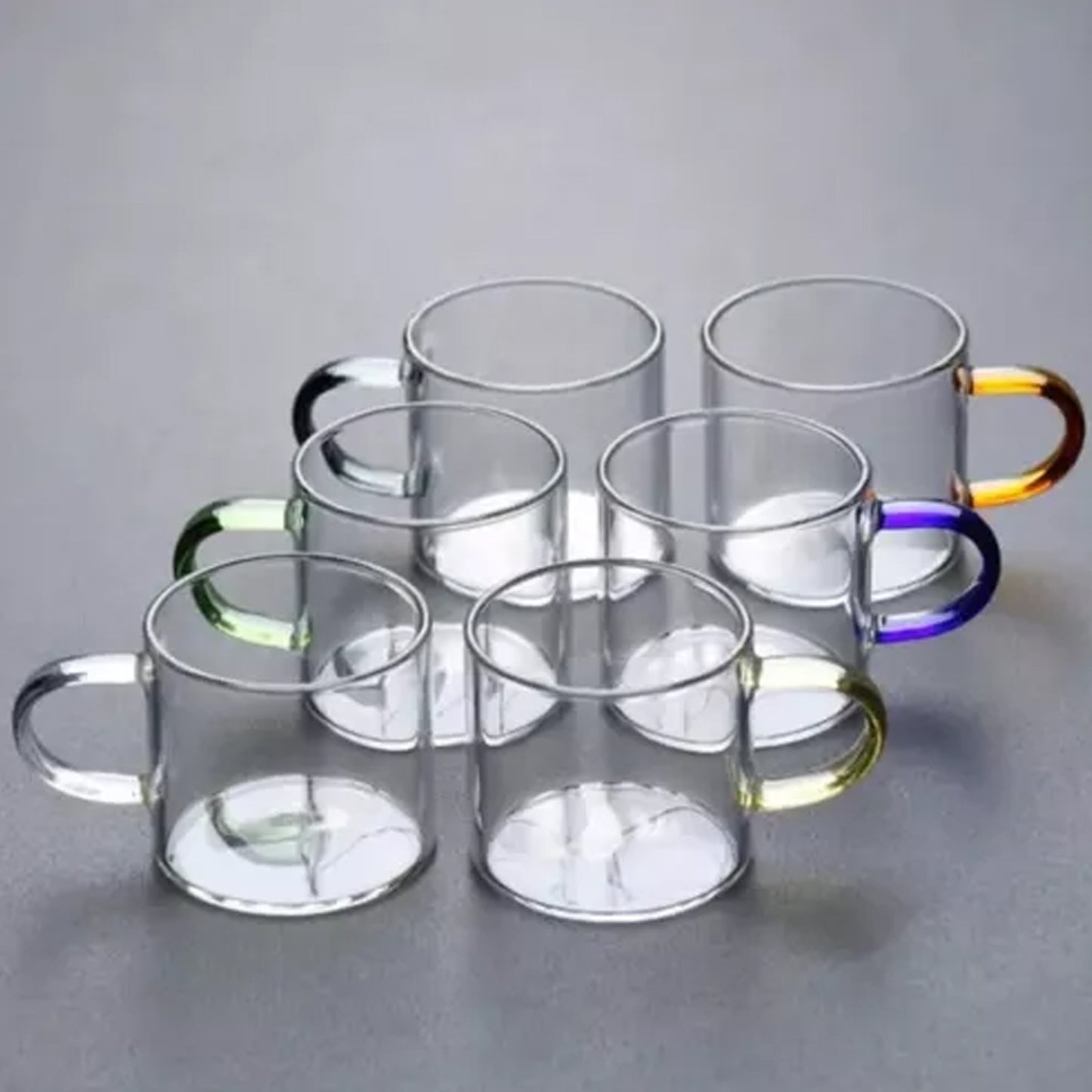 Modern Clear Glass Coffee Mugs – Set of 6 | Stylish Transparent Tea Cups with Colored Handles | Heat-Resistant Borosilicate Glass Drinkware